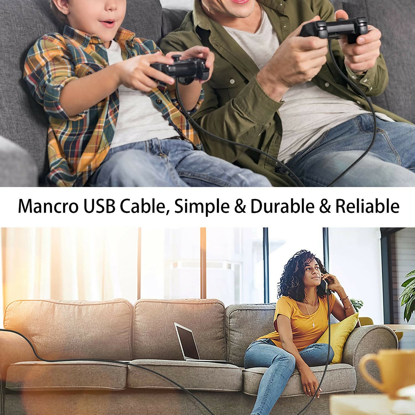 Câble Micro USB 5m, Long Chargeur Nylon Tressé USB Câble, Charge Rapide Compatible pour Samsung Galaxy S7/ S6/ S5, Contrôleur PS4 Câble, Xbox One Noir
