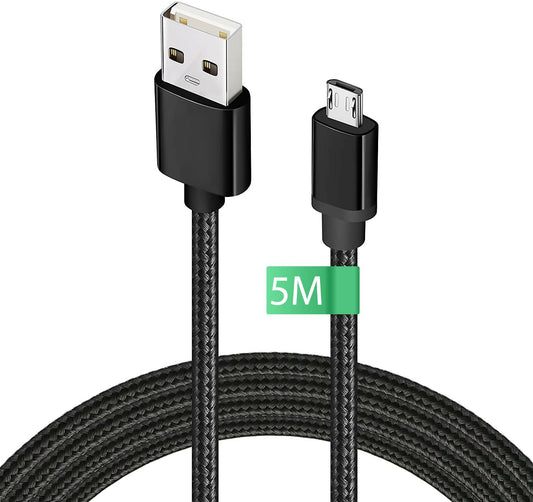 Câble Micro USB 5m, Long Chargeur Nylon Tressé USB Câble, Charge Rapide Compatible pour Samsung Galaxy S7/ S6/ S5, Contrôleur PS4 Câble, Xbox One Noir