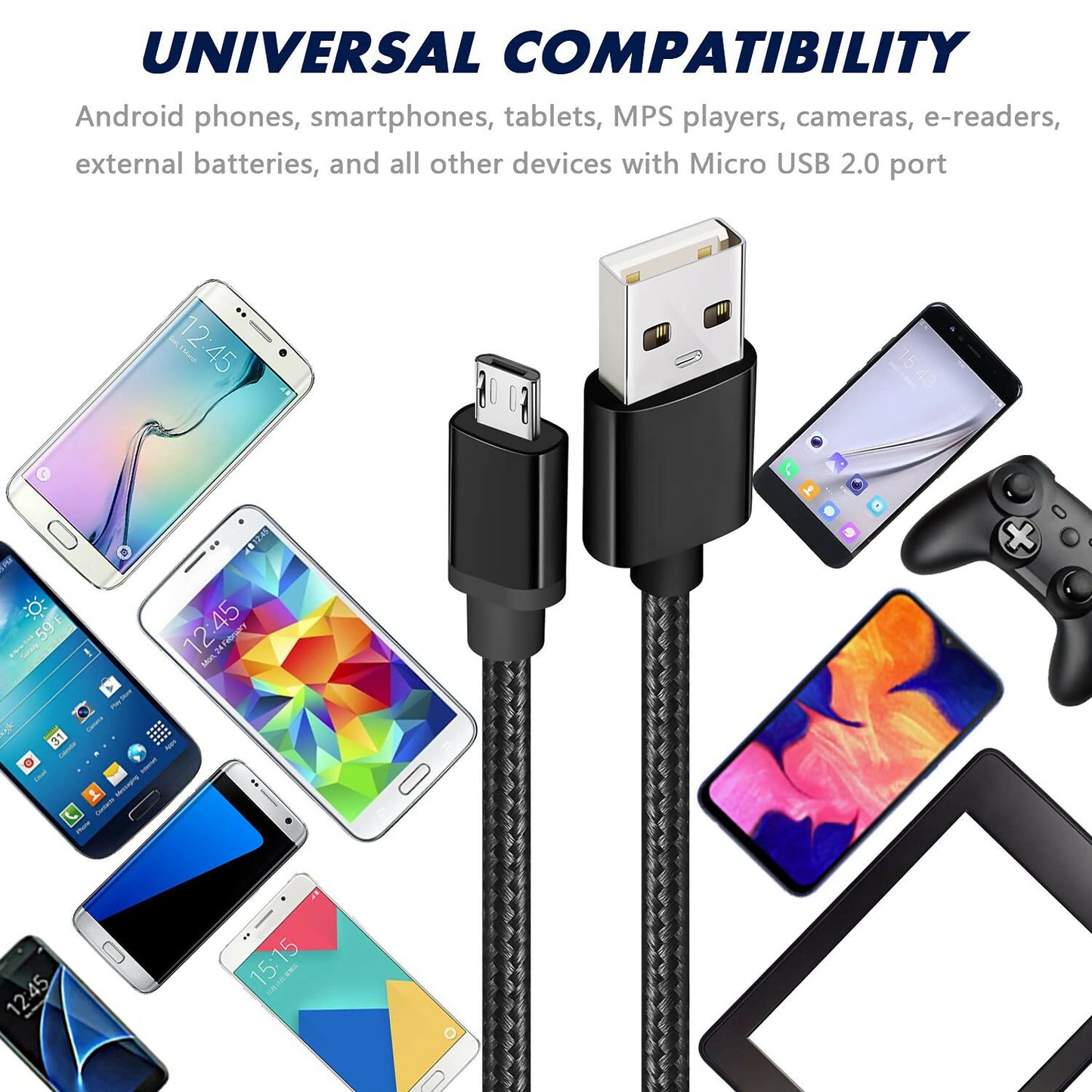 Câble Micro USB 5m, Long Chargeur Nylon Tressé USB Câble, Charge Rapide Compatible pour Samsung Galaxy S7/ S6/ S5, Contrôleur PS4 Câble, Xbox One Noir